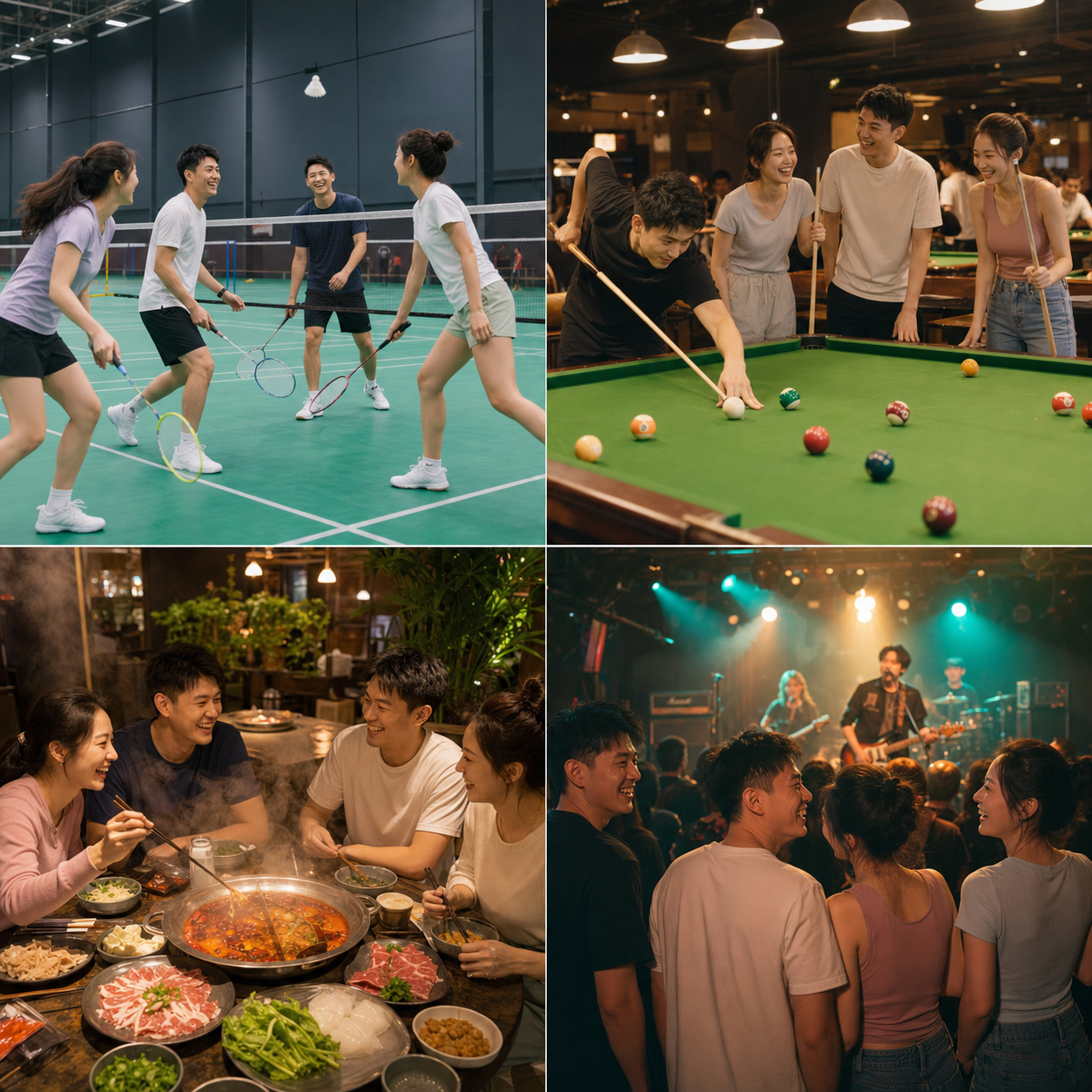 四名中国成年人从羽毛球、台球和火锅一路玩到Livehouse现场